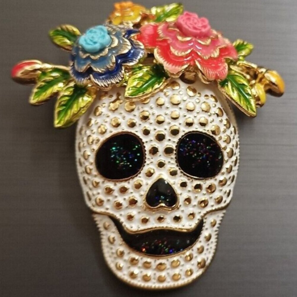 NAPIER Halloween Day of The Dead Skull Multicolor Enamel & Glitter Brooch Pin - Picture 2 of 2